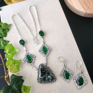 Boho 925 Silver Plated Necklace Earrings Set Seraphinite Pendant Emerald Green